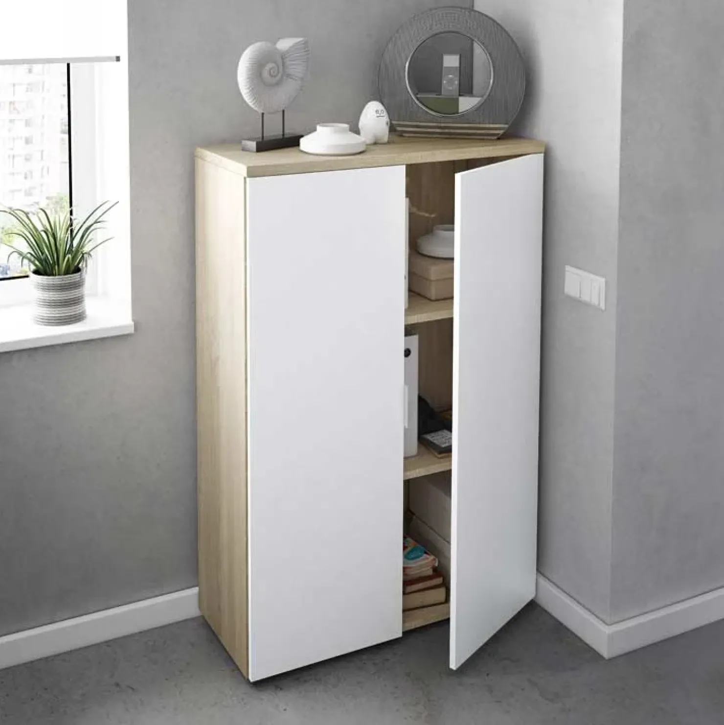 Garnero Arredamenti Armadietto ufficio 80x119h cm 2 ante rovere bianco opaco Work Discount