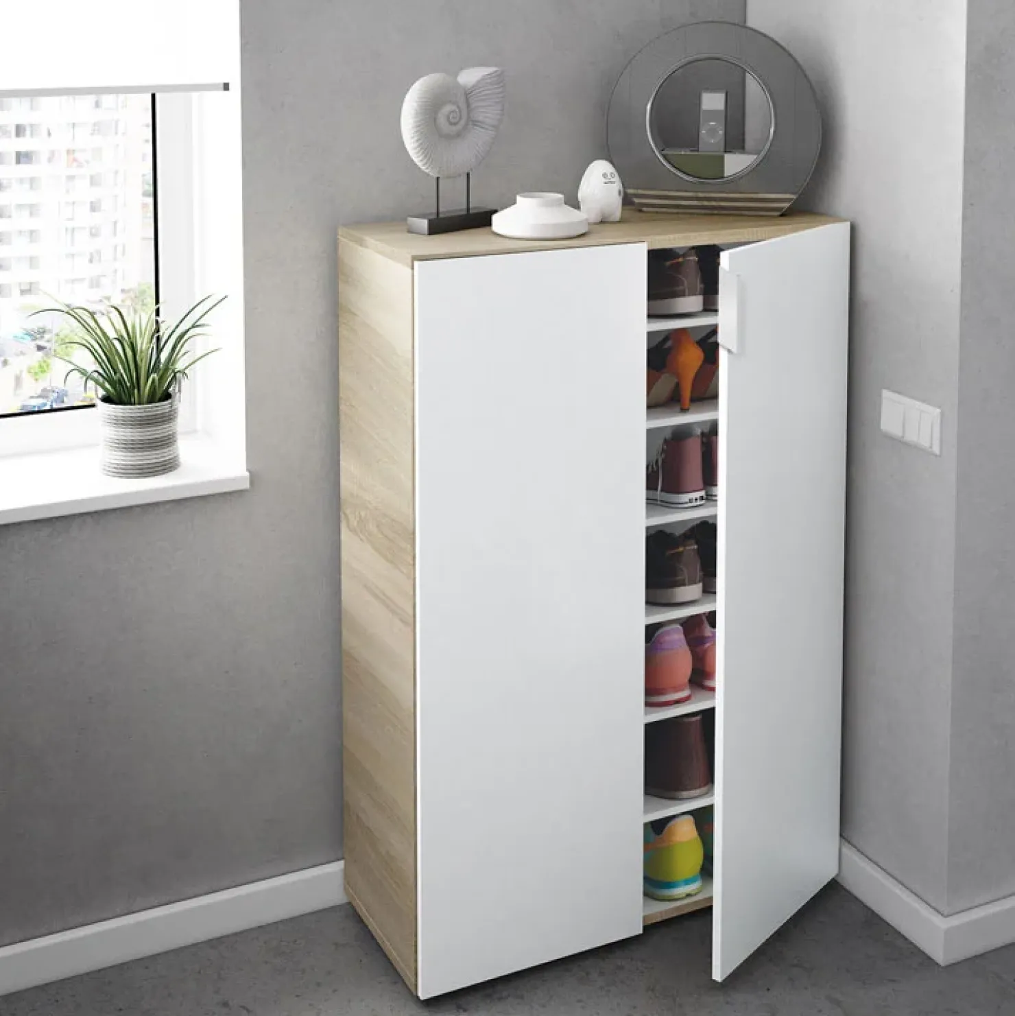 Garnero Arredamenti Armadio scarpiera 72x103h cm 6 ripiani bianco opaco rovere Stil Gihome® New