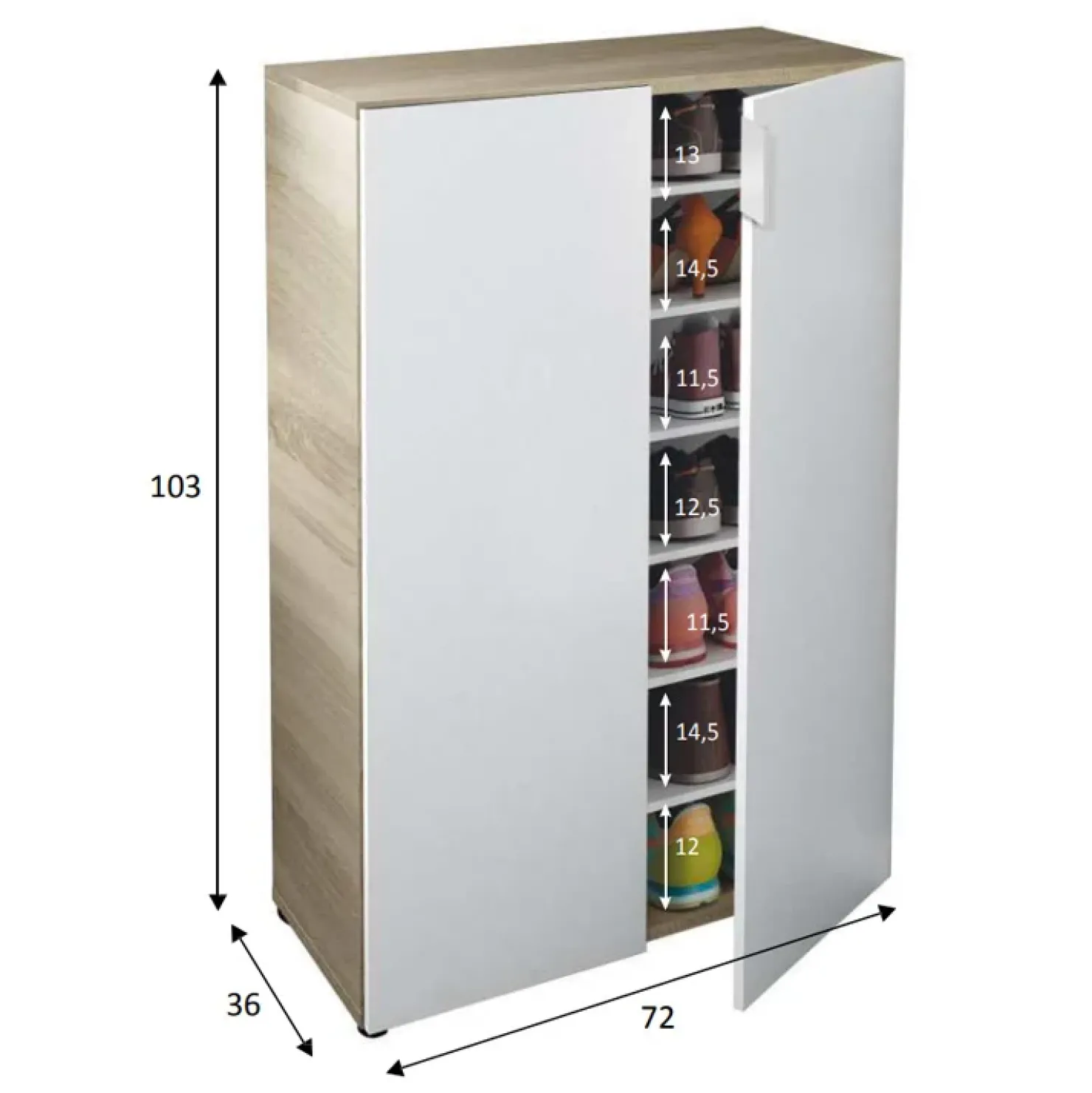 Garnero Arredamenti Armadio scarpiera 72x103h cm 6 ripiani bianco opaco rovere Stil Gihome® New