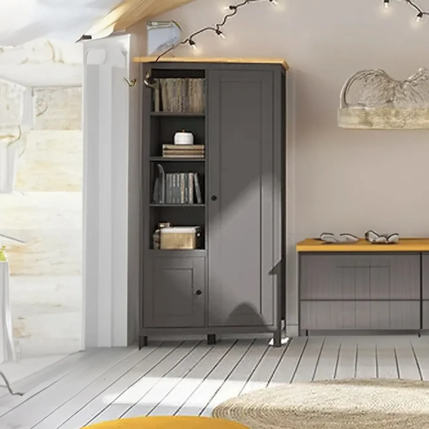 Garnero Arredamenti Armadio soggiorno 106x203h cm 4 vani giorno nero grafite rovere chiaro Holga Best