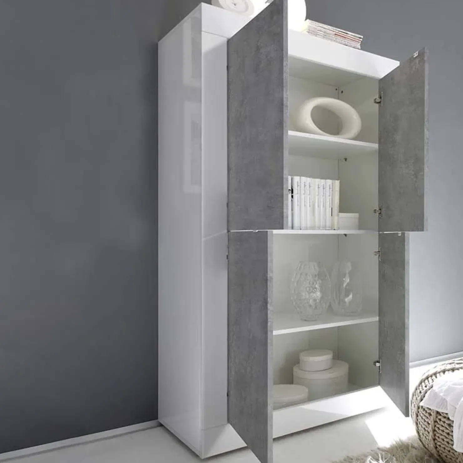 Garnero Arredamenti Armadio soggiorno 102x162h cm 4 ante moderno bianco lucido cemento Eternity Cemento - Bianco Lucido Best