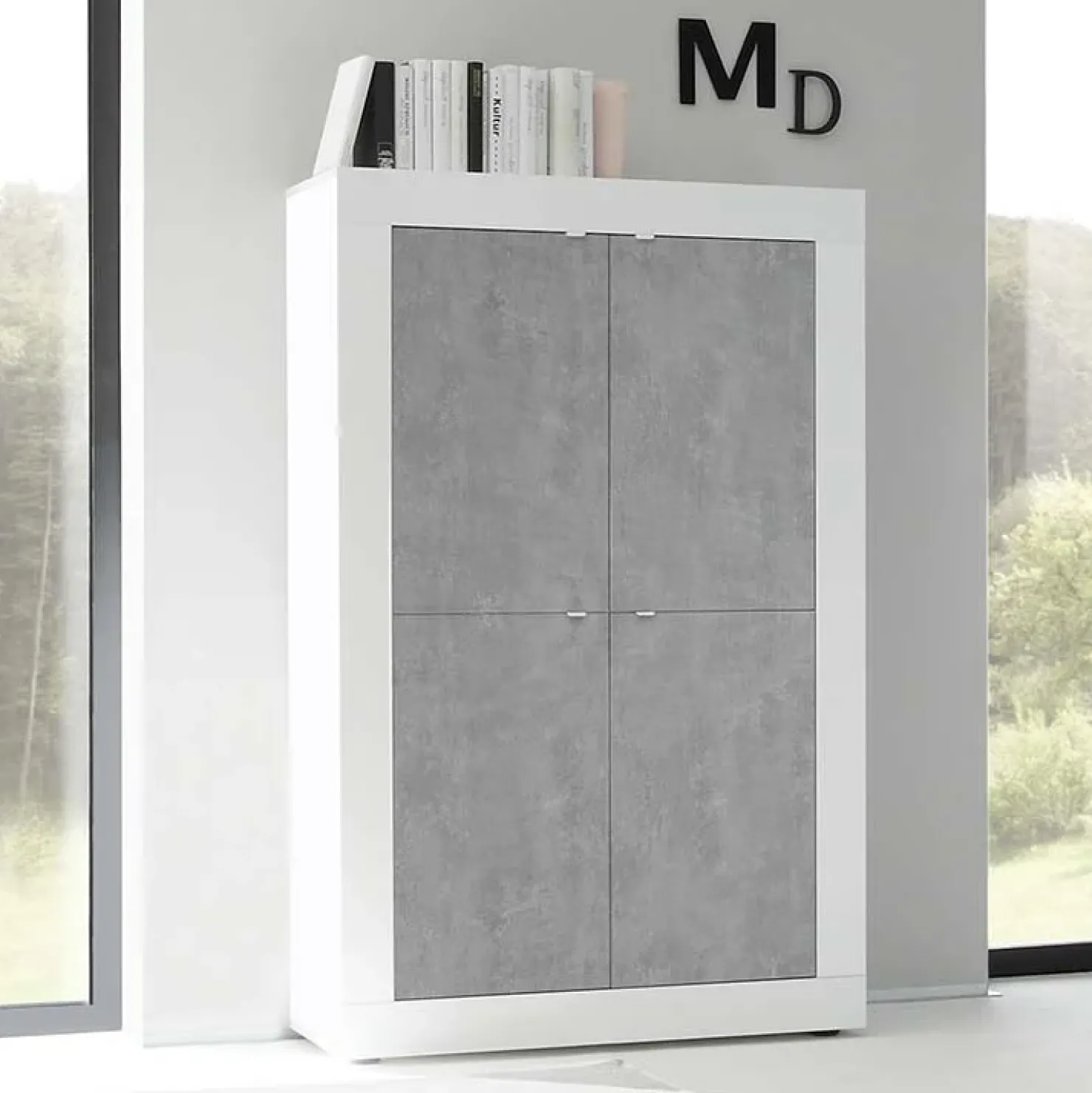 Garnero Arredamenti Armadio soggiorno 102x162h cm 4 ante moderno bianco lucido cemento Eternity Cemento - Bianco Lucido Best