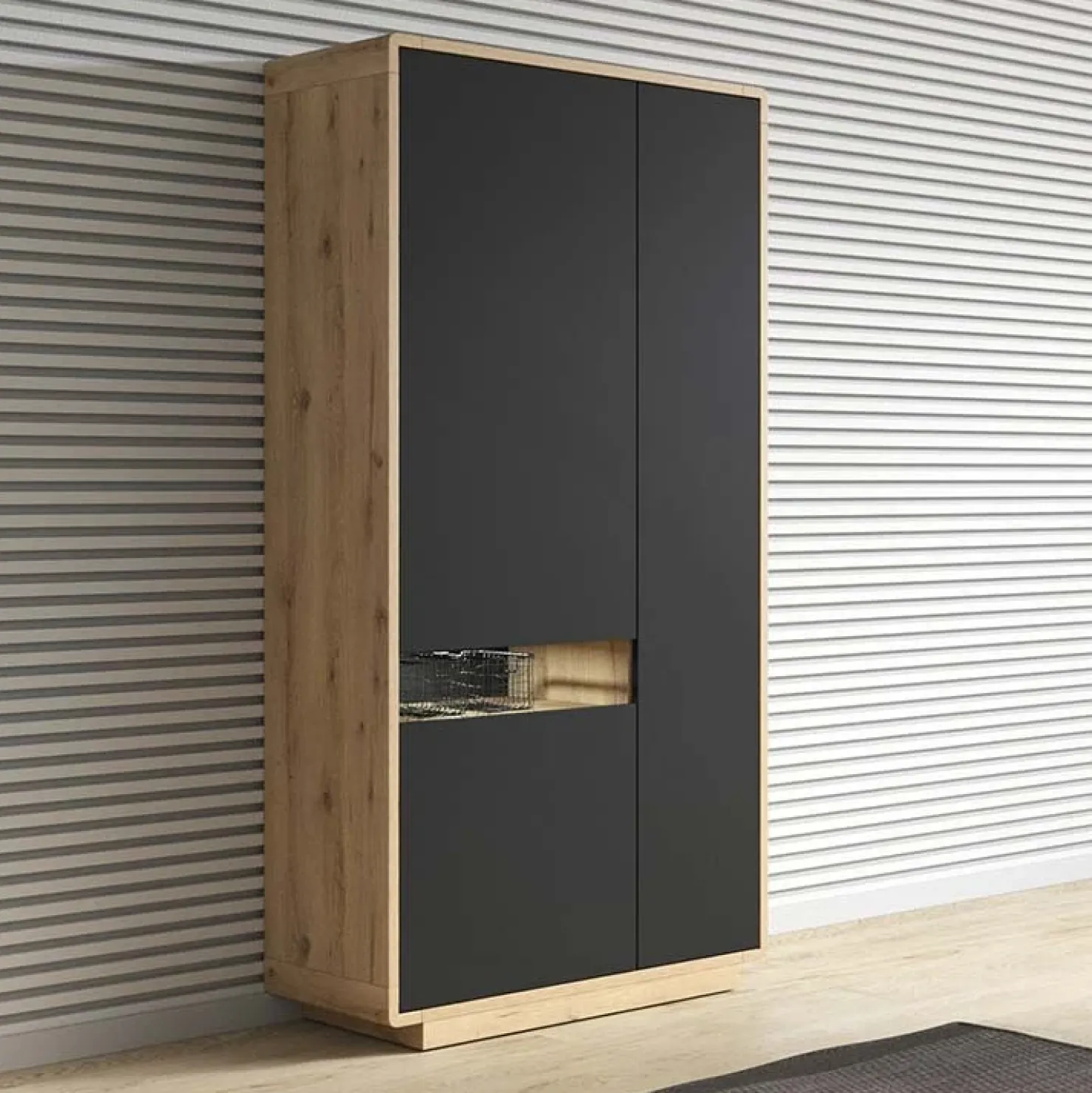 Garnero Arredamenti Armadio soggiorno 92x181h cm 3 ante moderno nero opaco rovere Esmond Hot