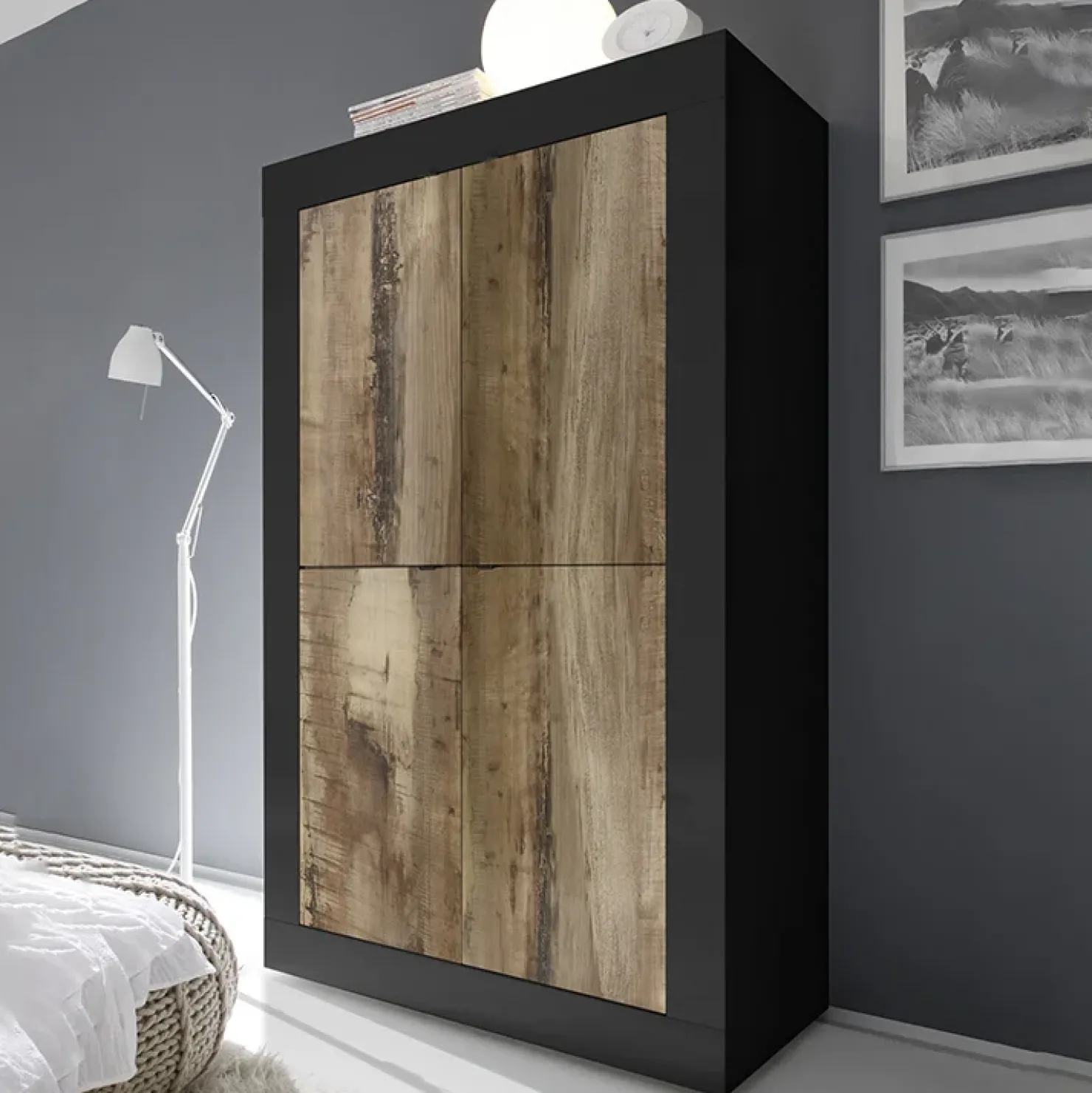 Garnero Arredamenti Armadio soggiorno 102x162h cm 4 ante moderno nero pero Eternity Nero Opaco - Rovere Sale