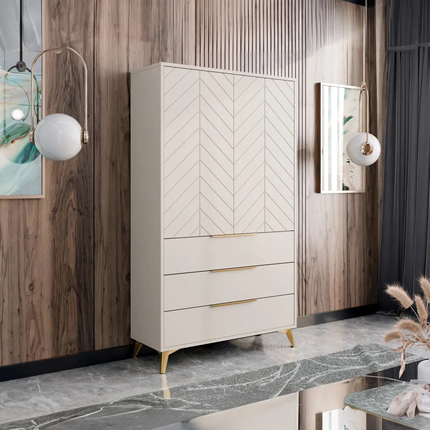 Garnero Arredamenti Armadio soggiorno 104x180h cm 2 ante 6 cassetti beige con frontali serigrafati Miriam Outlet