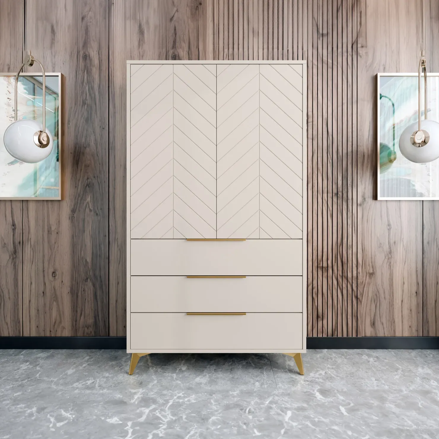 Garnero Arredamenti Armadio soggiorno 104x180h cm 2 ante 6 cassetti beige con frontali serigrafati Miriam Outlet