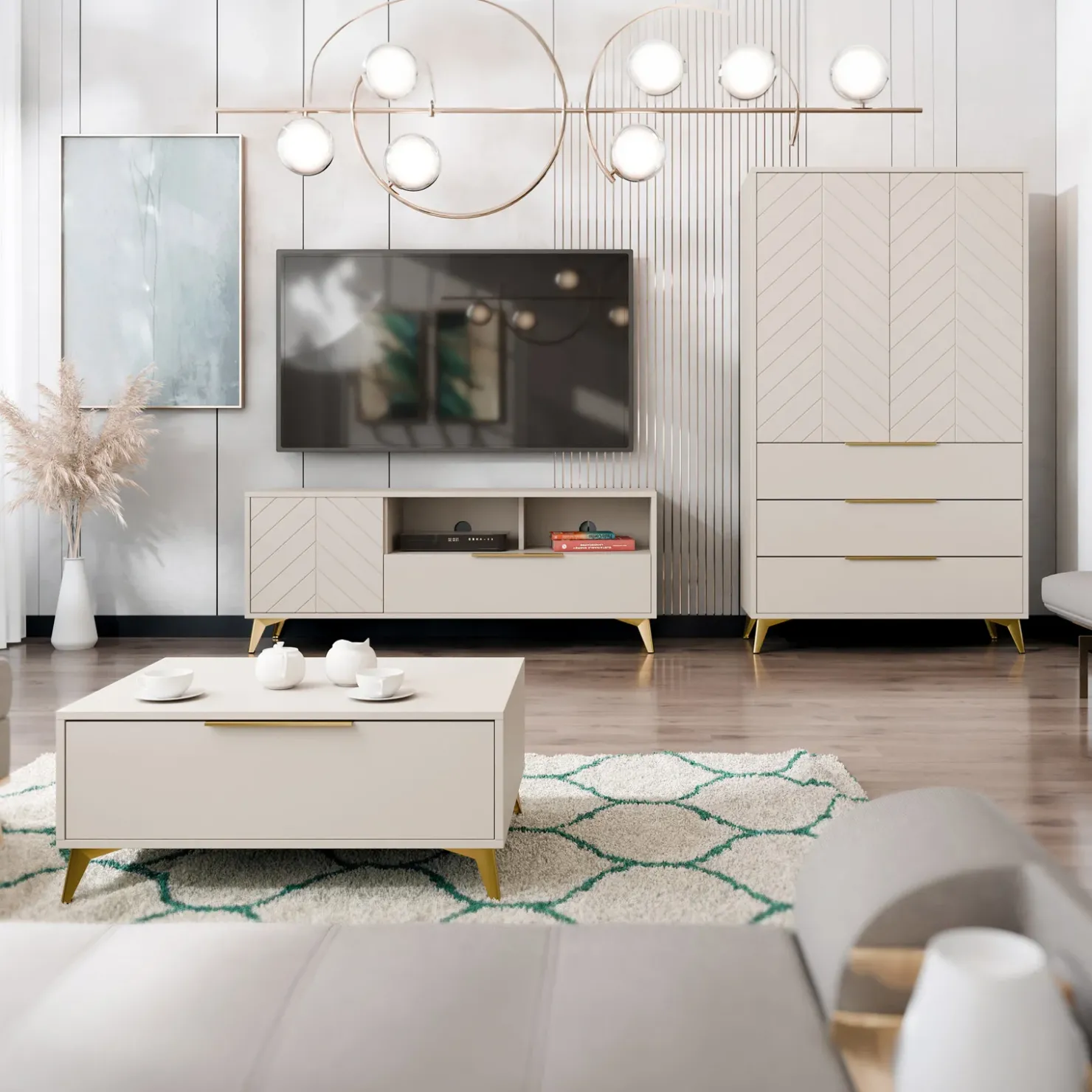 Garnero Arredamenti Armadio soggiorno 104x180h cm 2 ante 6 cassetti beige con frontali serigrafati Miriam Outlet