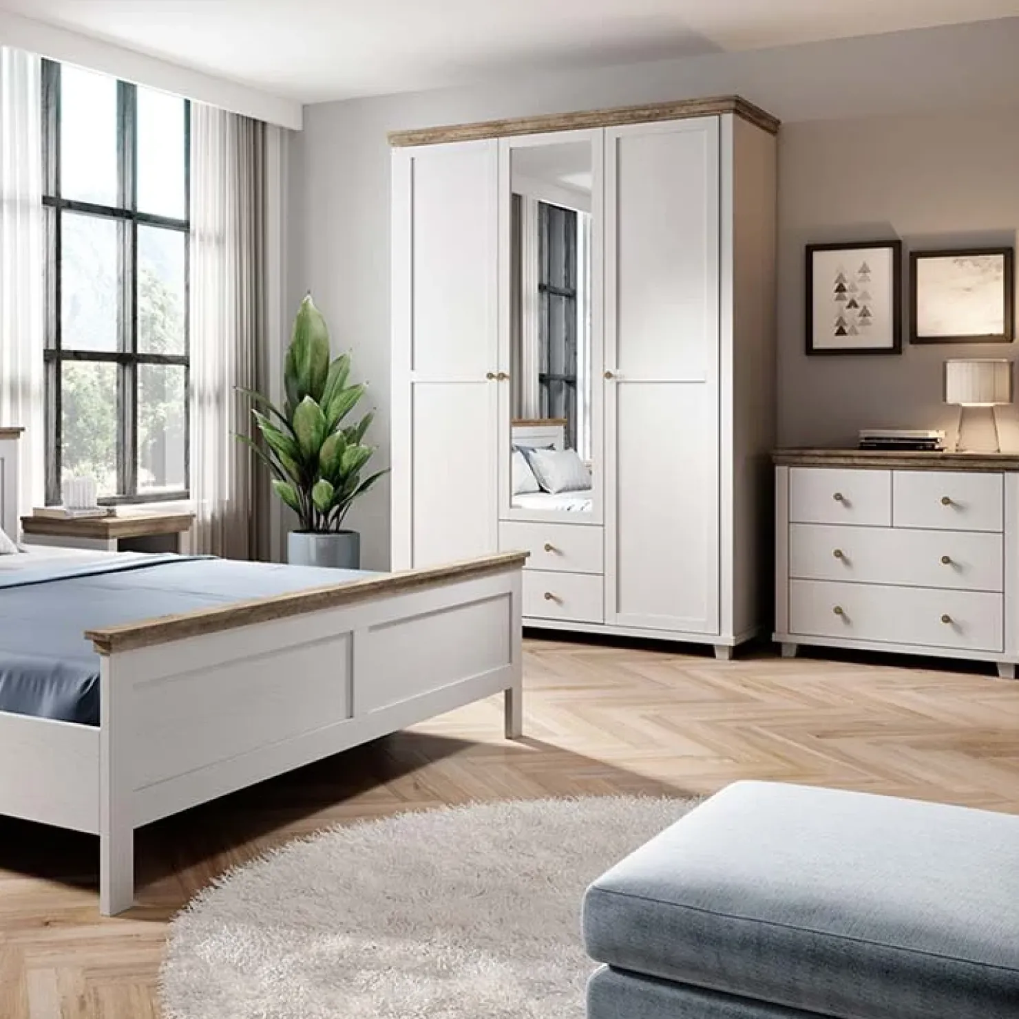 Garnero Arredamenti Armadio 154x216h cm 3 ante 2 cassetti con specchio quercia Texel Bianco Frassinato Clearance