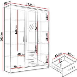 Garnero Arredamenti Armadio 153x202h cm 3 ante 2 cassetti con specchio bianco opaco Enirel Discount
