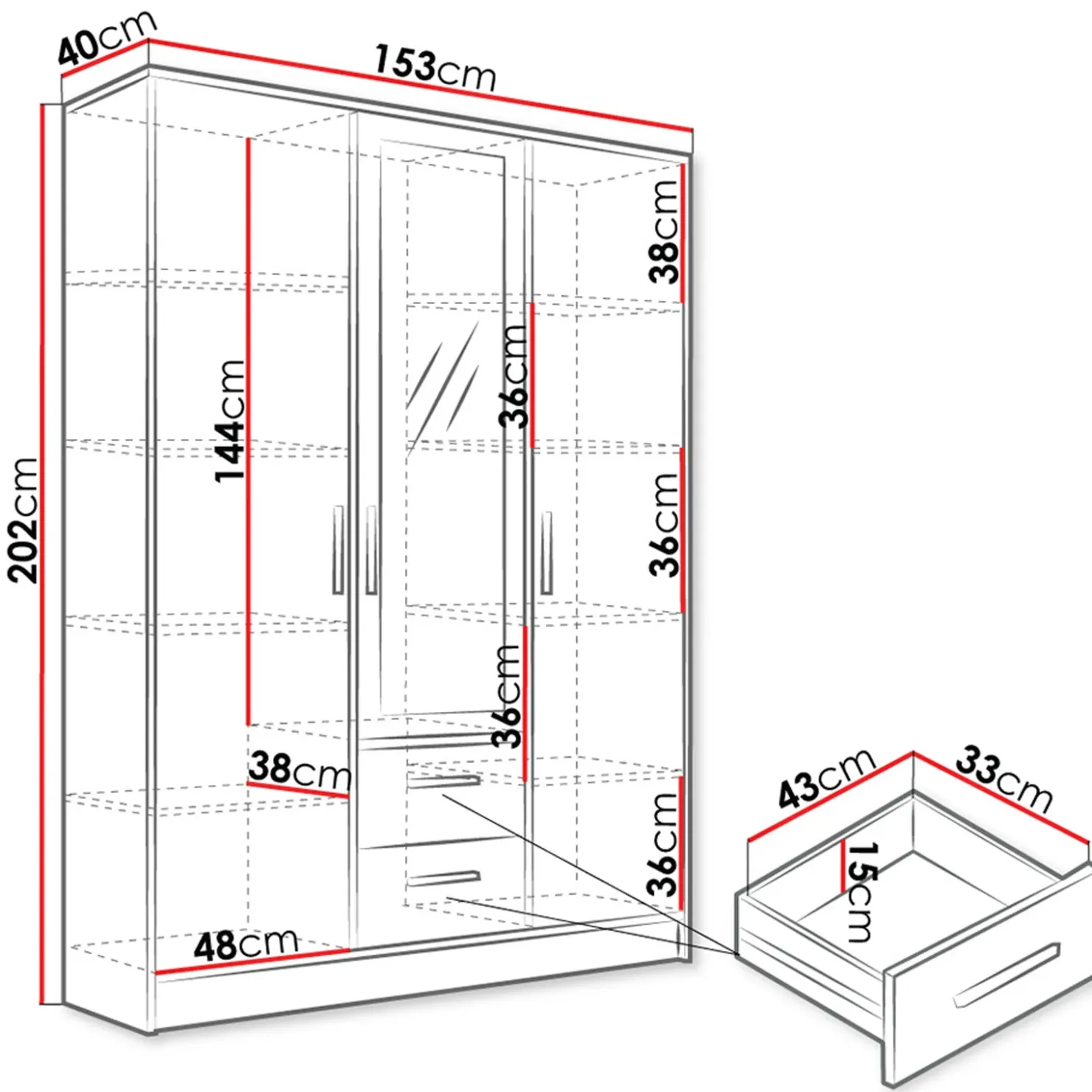 Garnero Arredamenti Armadio 153x202h cm 3 ante 2 cassetti con specchio bianco opaco Enirel Discount