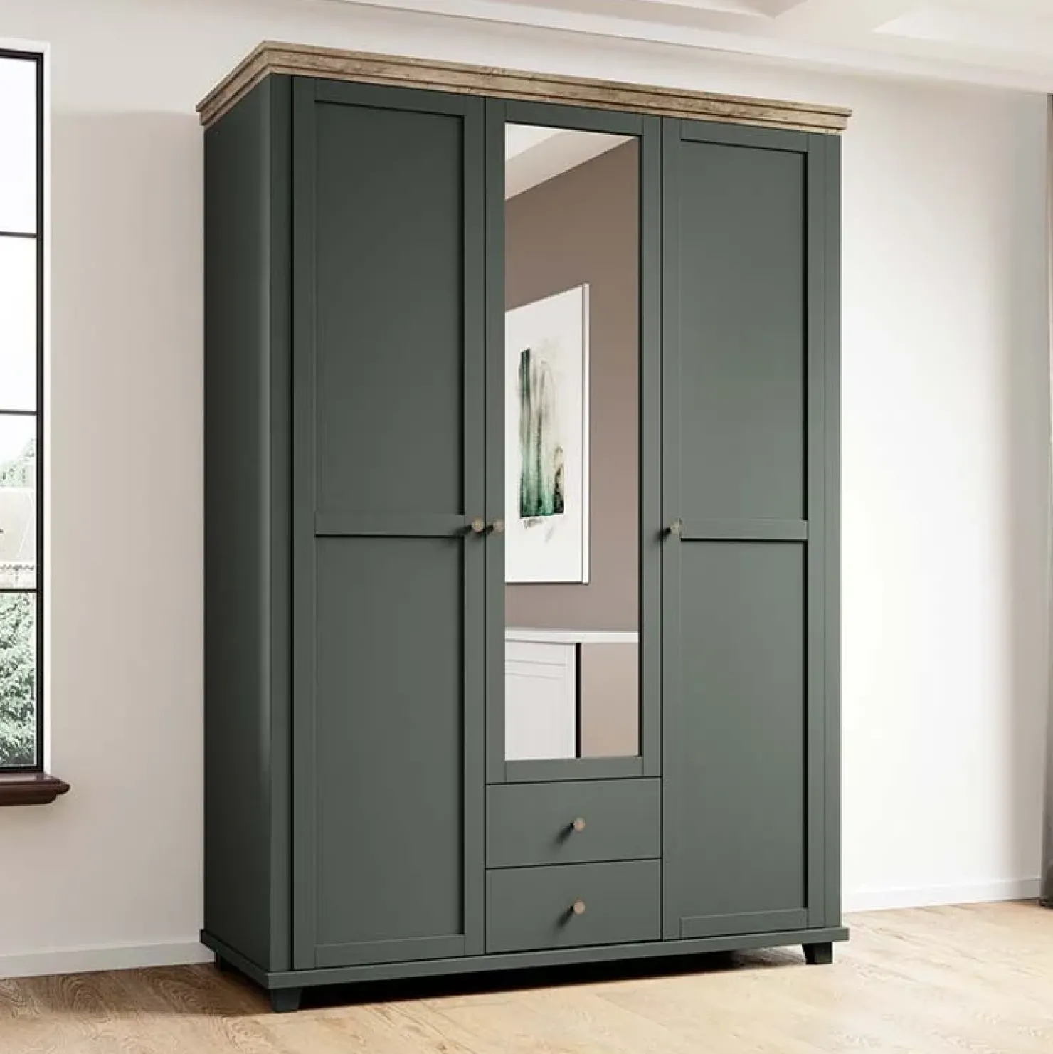 Garnero Arredamenti Armadio 154x216h cm 3 ante 2 cassetti con specchio quercia Texel Verde Clearance
