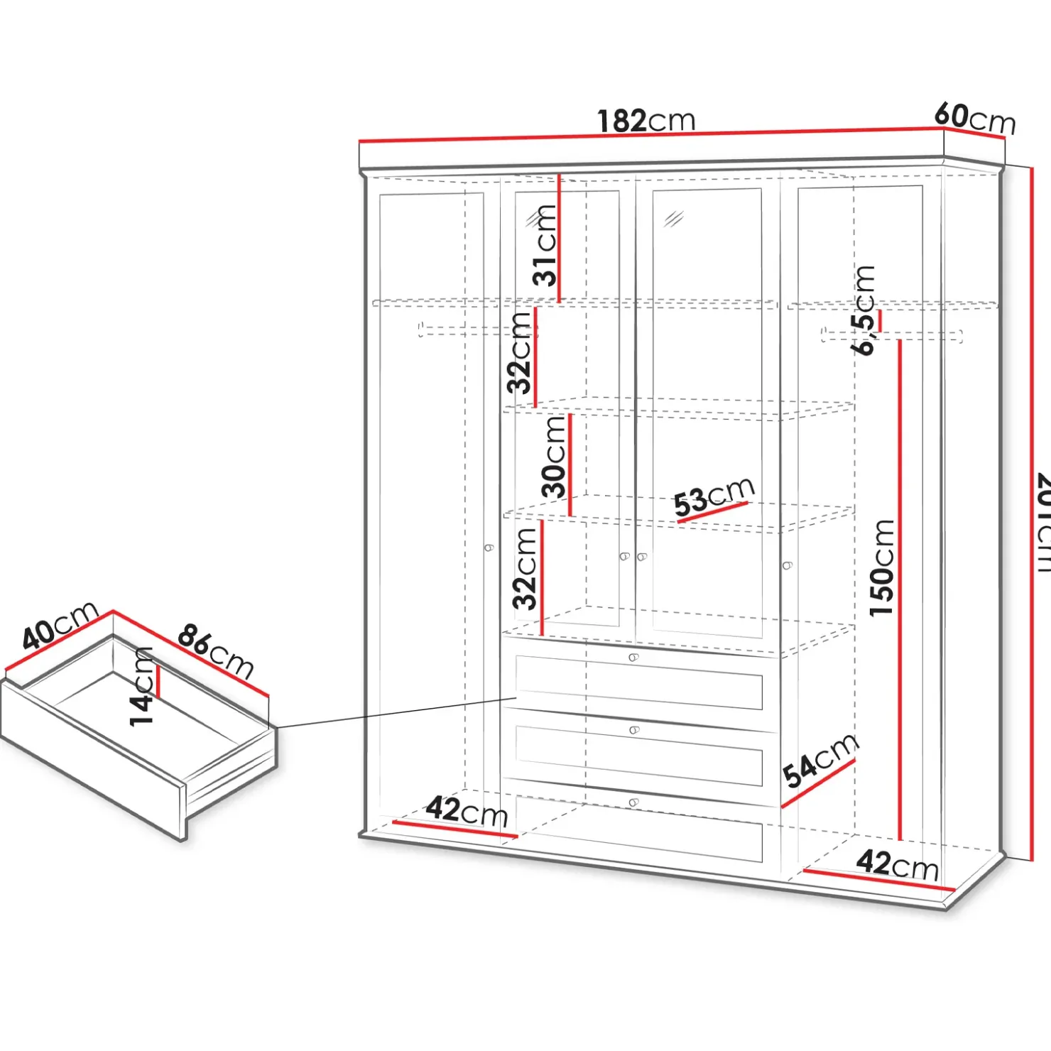 Garnero Arredamenti Armadio 182x201h cm 4 ante 3 cassetti con specchio bianco rovere Relaxio Best
