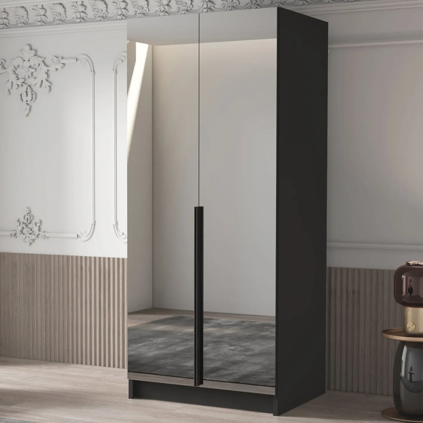 Garnero Arredamenti Armadio 100x215h cm 2 ante 2 specchi moderno nero Glammy 2 Nero Opaco - Nero Hot