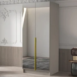 Garnero Arredamenti Armadio 100x215h cm 2 ante 2 specchi moderno beige oro Glammy 2 Beige - Oro Discount