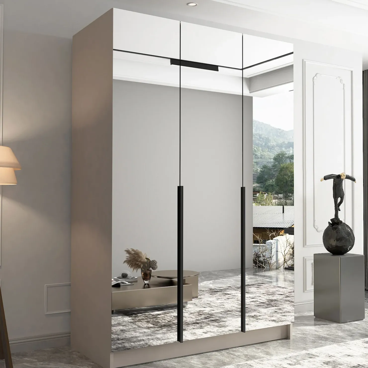 Garnero Arredamenti Armadio 150x215h cm 3 ante 3 specchi moderno beige nero Glammy 3 Beige - Nero Clearance