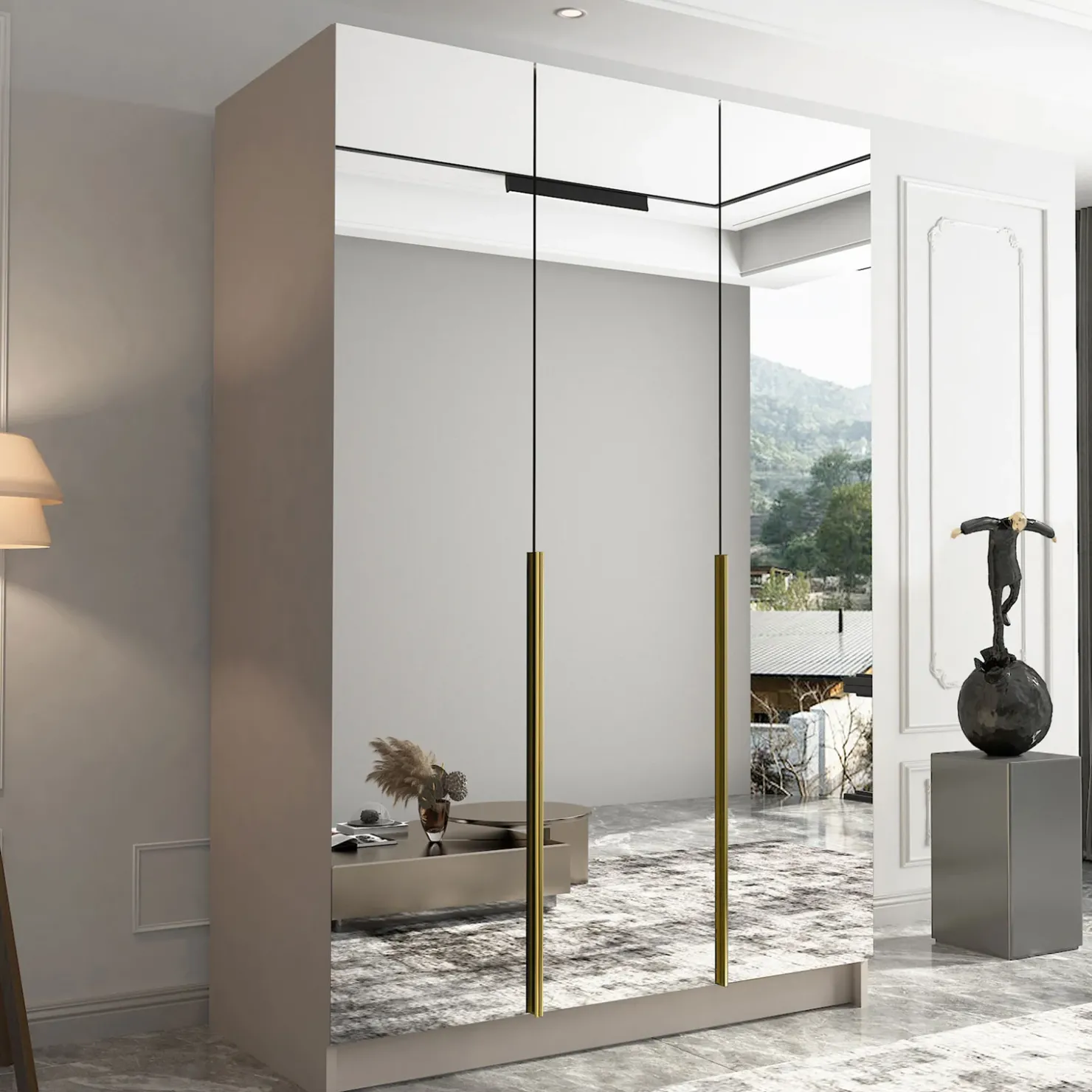 Garnero Arredamenti Armadio 150x215h cm 3 ante 3 specchi moderno beige oro Glammy 3 Beige - Oro Hot