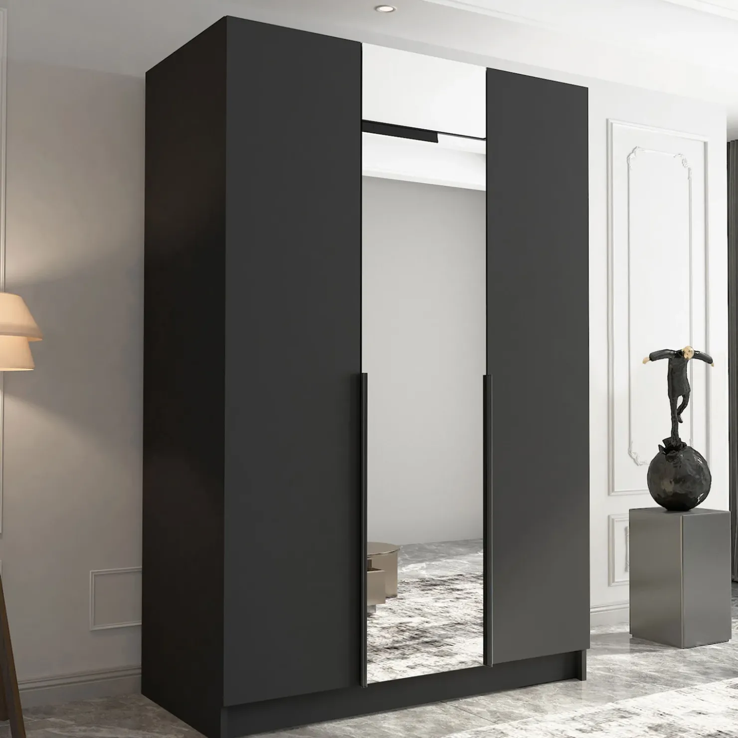 Garnero Arredamenti Armadio 150x215h cm 3 ante 1 specchio moderno nero Glammy 3 Nero Opaco - Nero Outlet