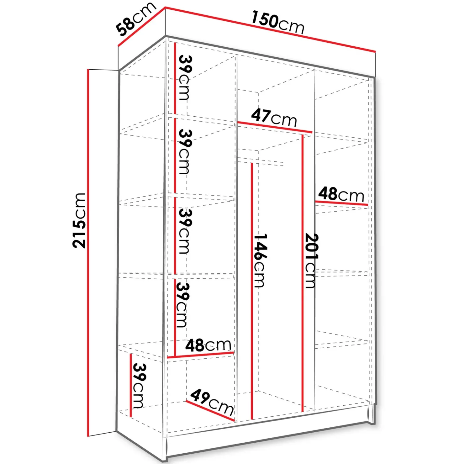 Garnero Arredamenti Armadio 150x215h cm 3 ante 1 specchio moderno nero Glammy 3 Nero Opaco - Nero Outlet