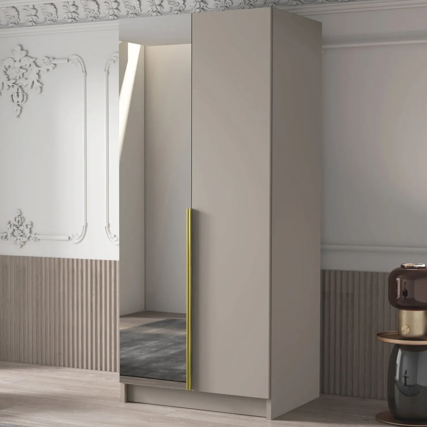 Garnero Arredamenti Armadio 100x215h cm 2 ante 1 specchio moderno beige oro Glammy 2 Beige - Oro Outlet