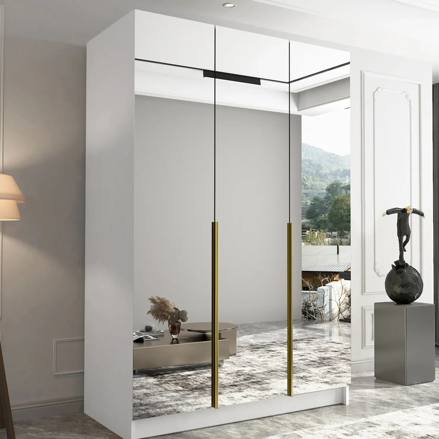 Garnero Arredamenti Armadio 150x215h cm 3 ante 3 specchi moderno bianco oro Glammy 3 Bianco Opaco - Oro Clearance
