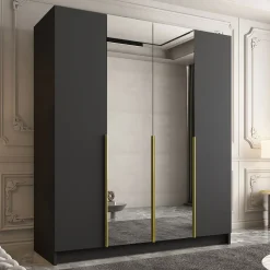 Garnero Arredamenti Armadio 200x215h cm 4 ante 2 specchi moderno nero oro Glammy 4 Nero Opaco - Oro Hot