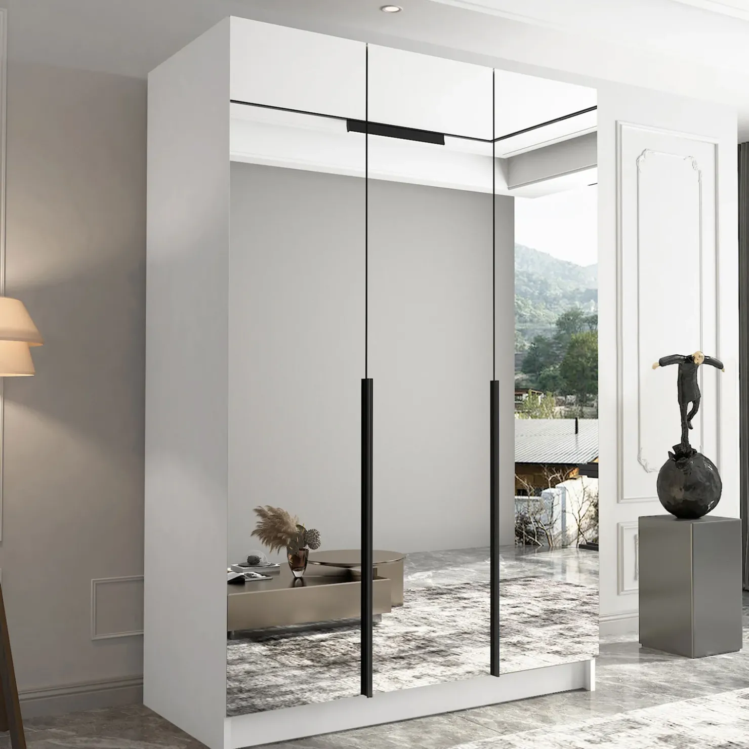 Garnero Arredamenti Armadio 150x215h cm 3 ante 3 specchi moderno bianco nero Glammy 3 Bianco Opaco - Nero Hot