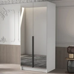 Garnero Arredamenti Armadio 100x215h cm 2 ante 2 specchi moderno bianco nero Glammy 2 Bianco Opaco - Nero Clearance