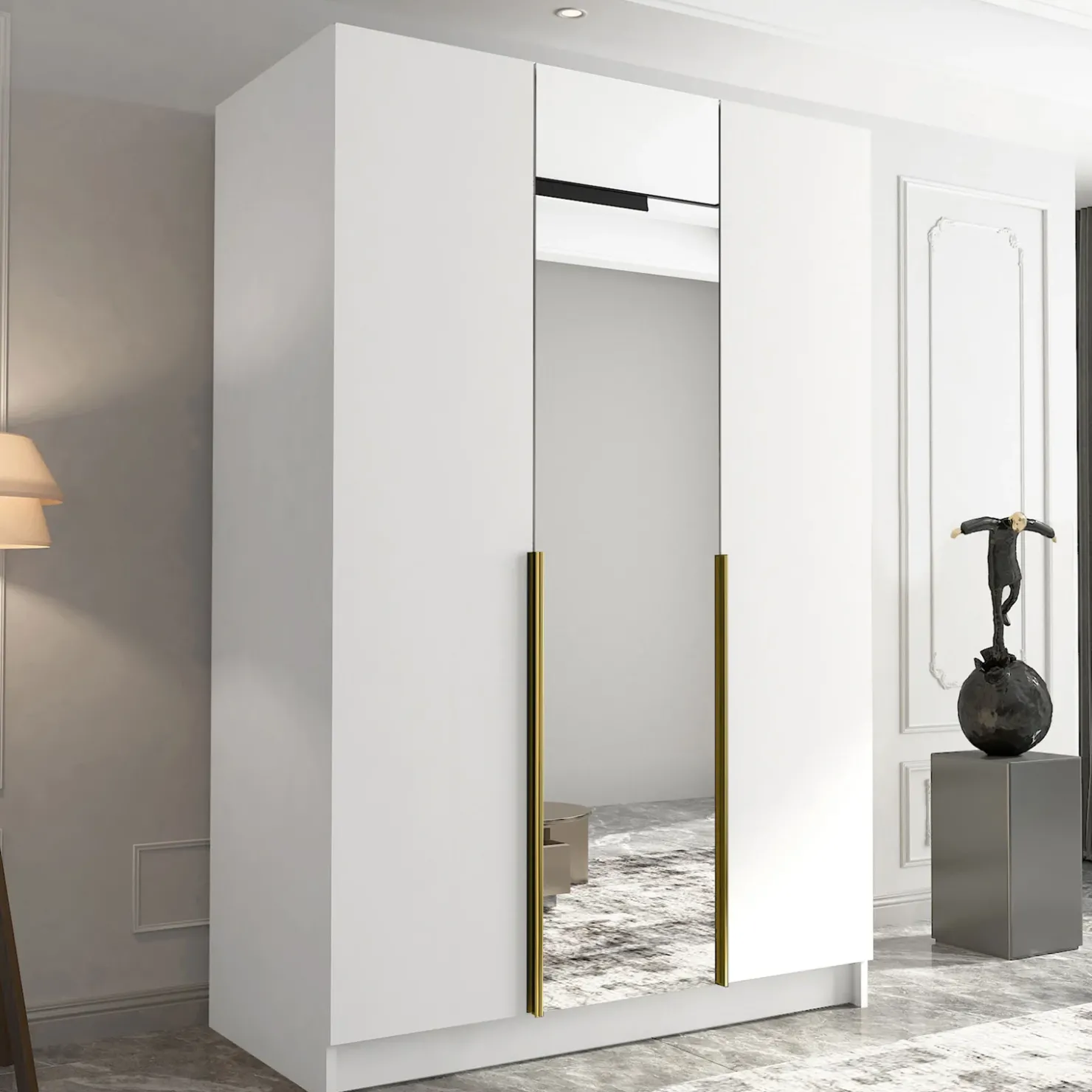 Garnero Arredamenti Armadio 150x215h cm 3 ante 1 specchio moderno bianco oro Glammy 3 Bianco Opaco - Oro Outlet