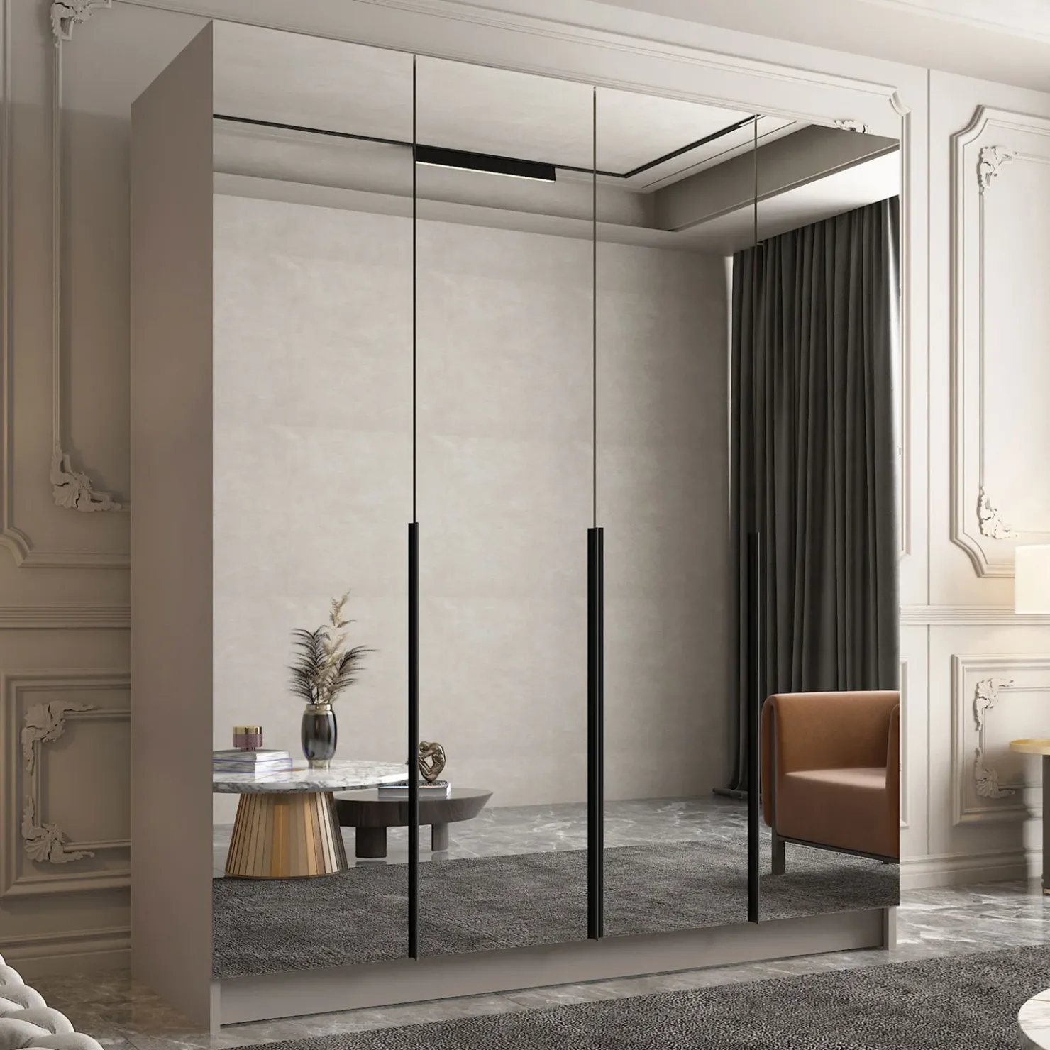 Garnero Arredamenti Armadio 200x215h cm 4 ante 4 specchi moderno beige nero Glammy 4 Beige - Nero Clearance