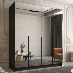 Garnero Arredamenti Armadio 200x215h cm 4 ante 4 specchi moderno nero Glammy 4 Nero Opaco - Nero Discount