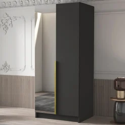 Garnero Arredamenti Armadio 100x215h cm 2 ante 1 specchio moderno nero oro Glammy 2 Nero Opaco - Oro Discount