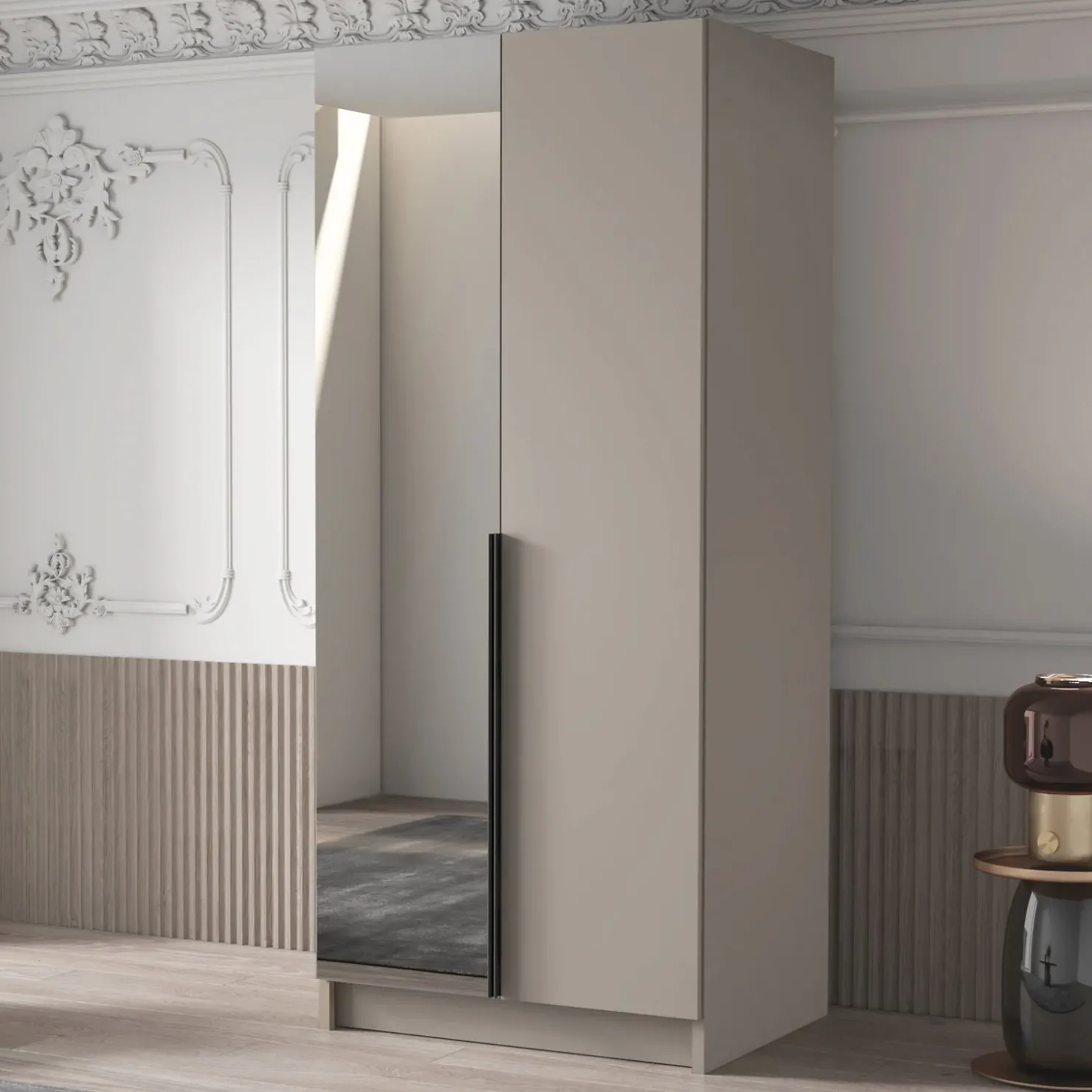 Garnero Arredamenti Armadio 100x215h cm 2 ante 1 specchio moderno beige nero Glammy 2 Beige - Nero New