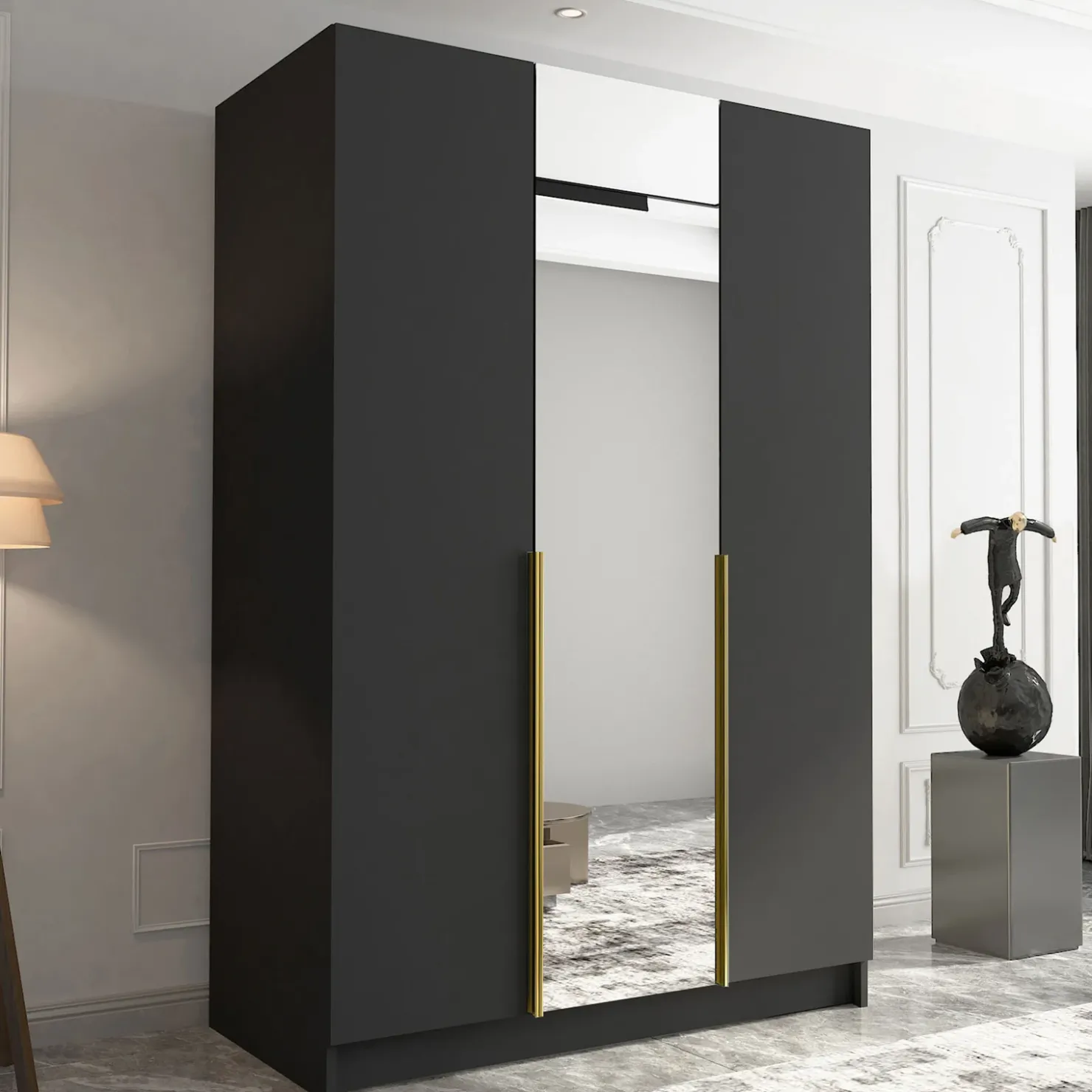 Garnero Arredamenti Armadio 150x215h cm 3 ante 1 specchio moderno nero oro Glammy 3 Nero Opaco - Oro Discount
