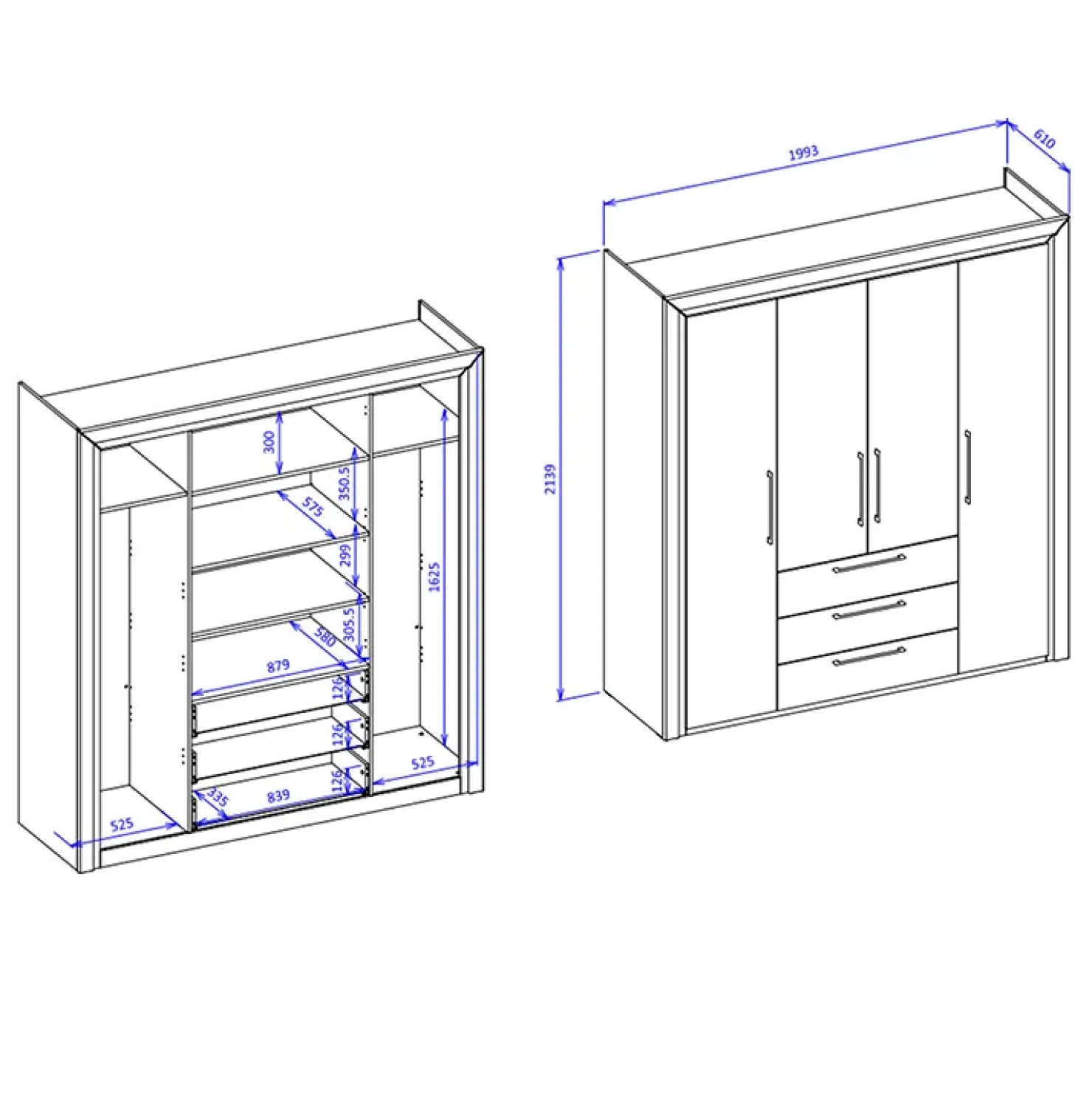 Garnero Arredamenti Armadio 199x214h cm 4 ante battenti 3 cassetti moderno bianco Benz