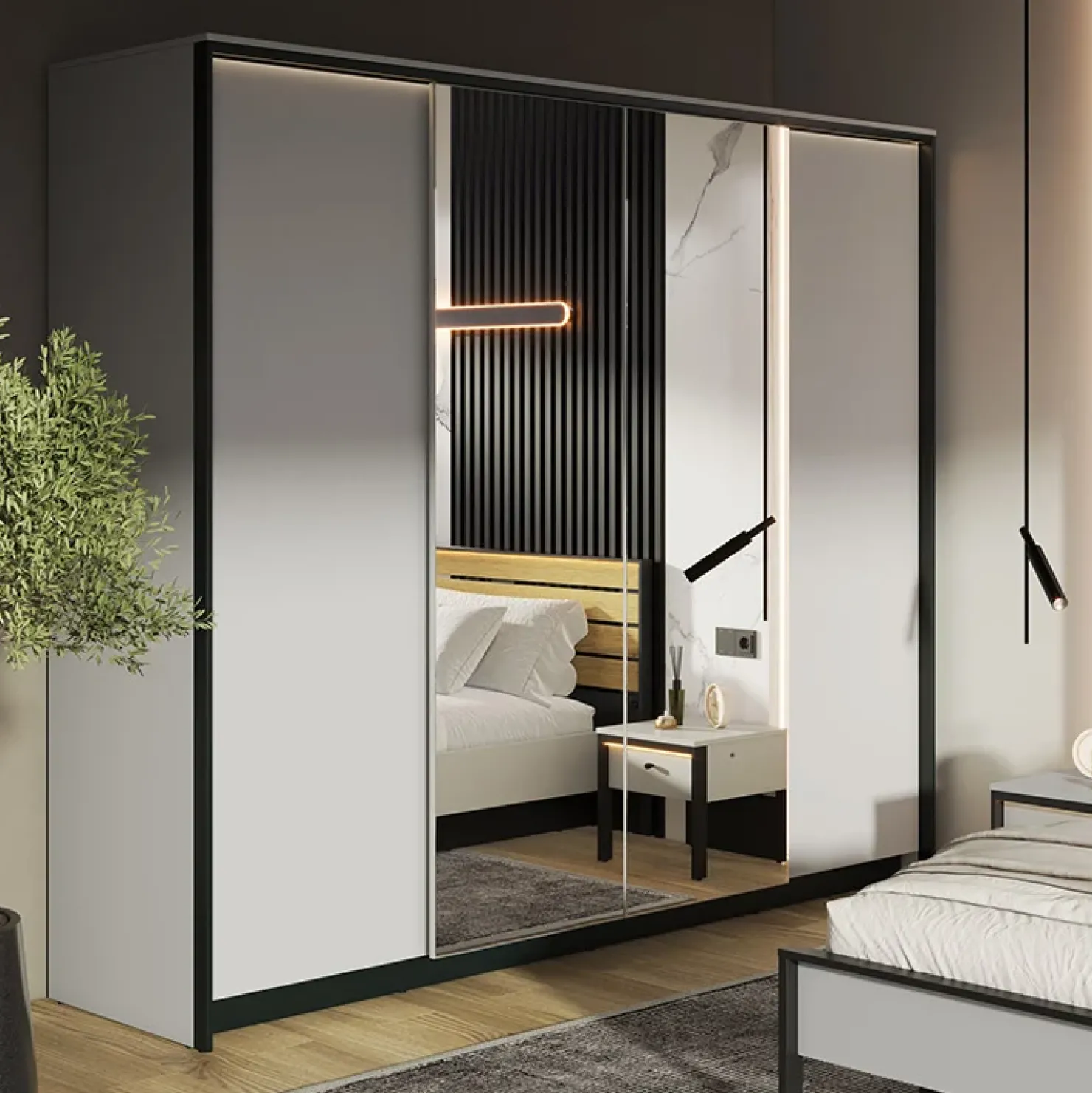 Garnero Arredamenti Armadio 250x215h cm 4 ante battenti con specchio con LED grigio nero Luna Outlet