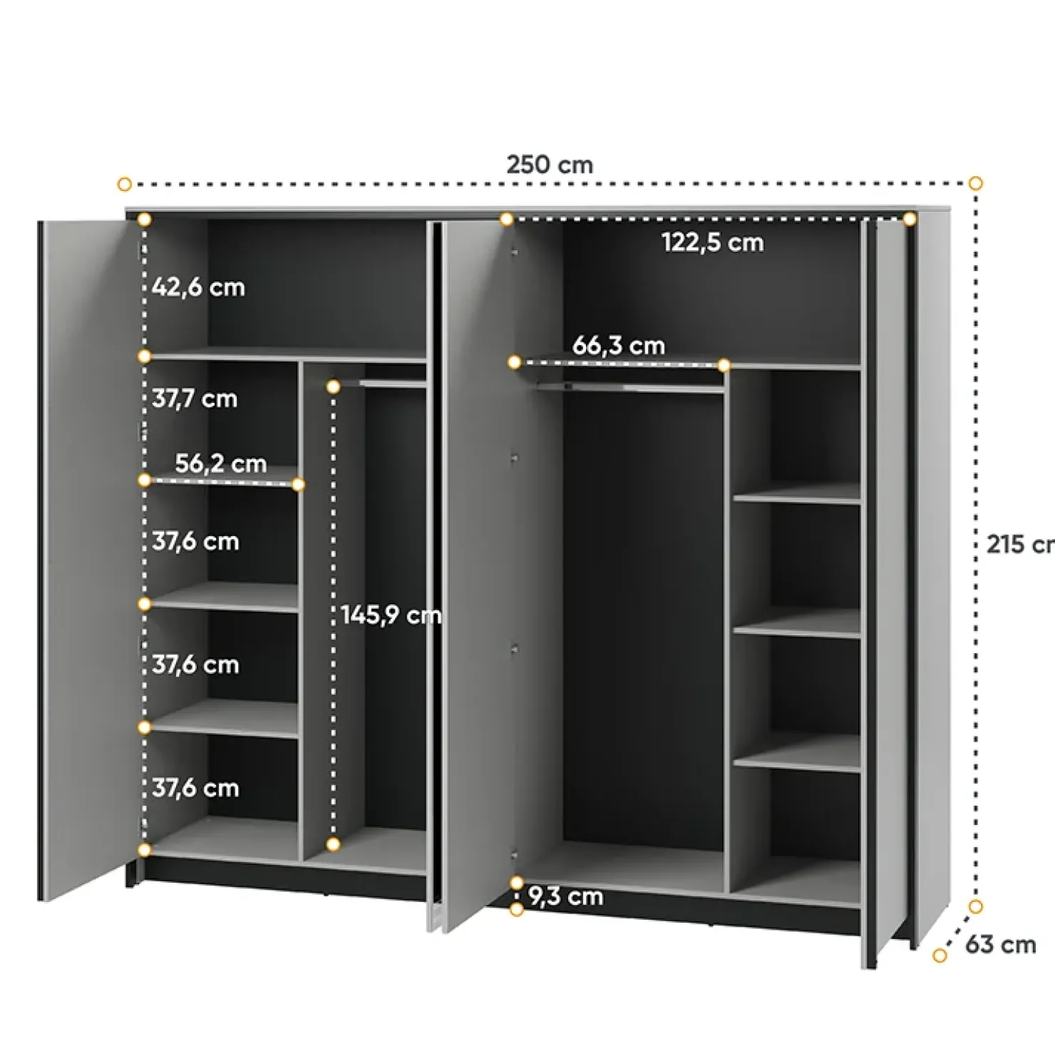 Garnero Arredamenti Armadio 250x215h cm 4 ante battenti con specchio con LED grigio nero Luna Outlet