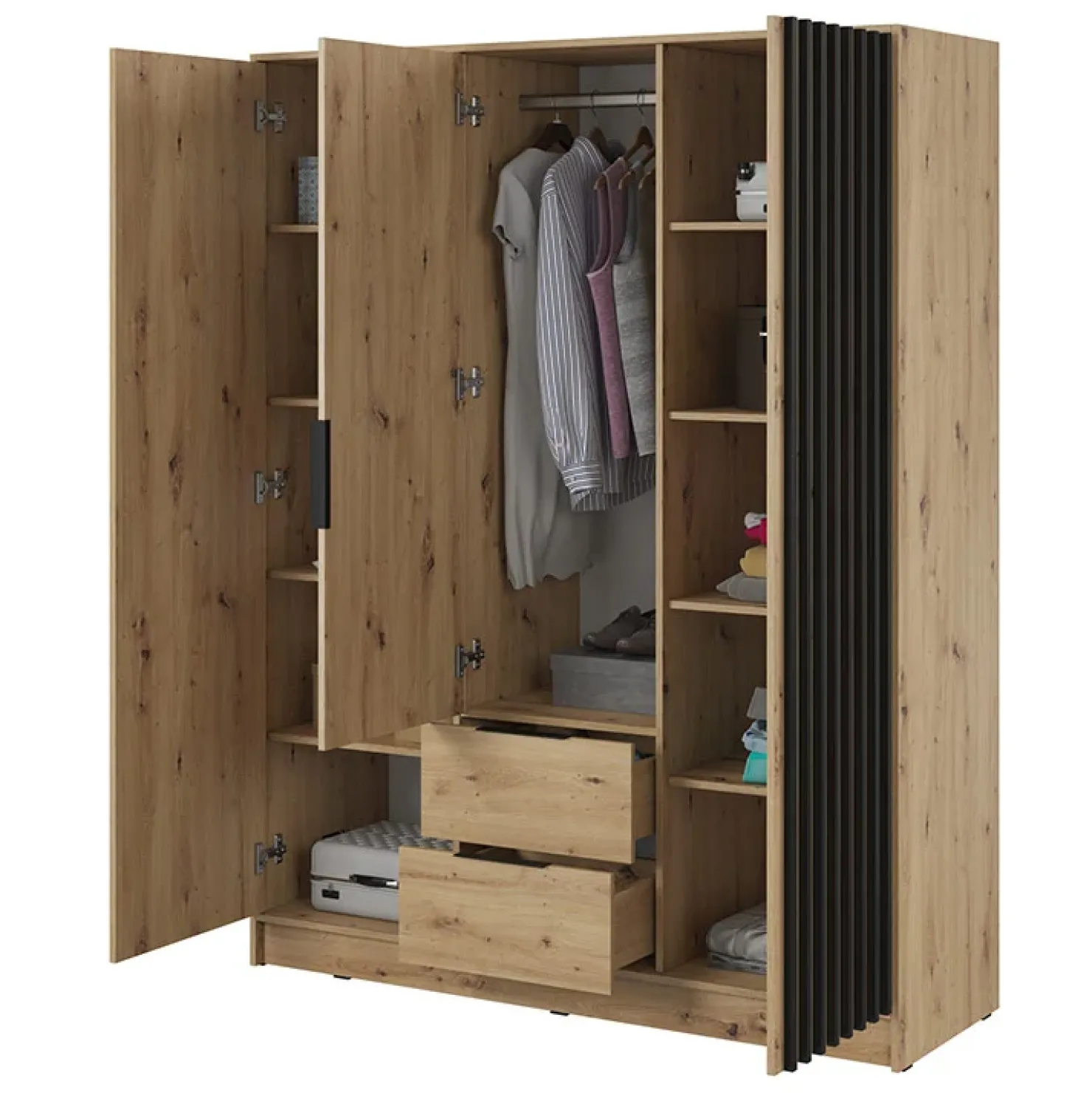 Garnero Arredamenti Armadio 155x200h cm 3 ante con cassetti moderno quercia nero Miller Rovere Rustico Hot