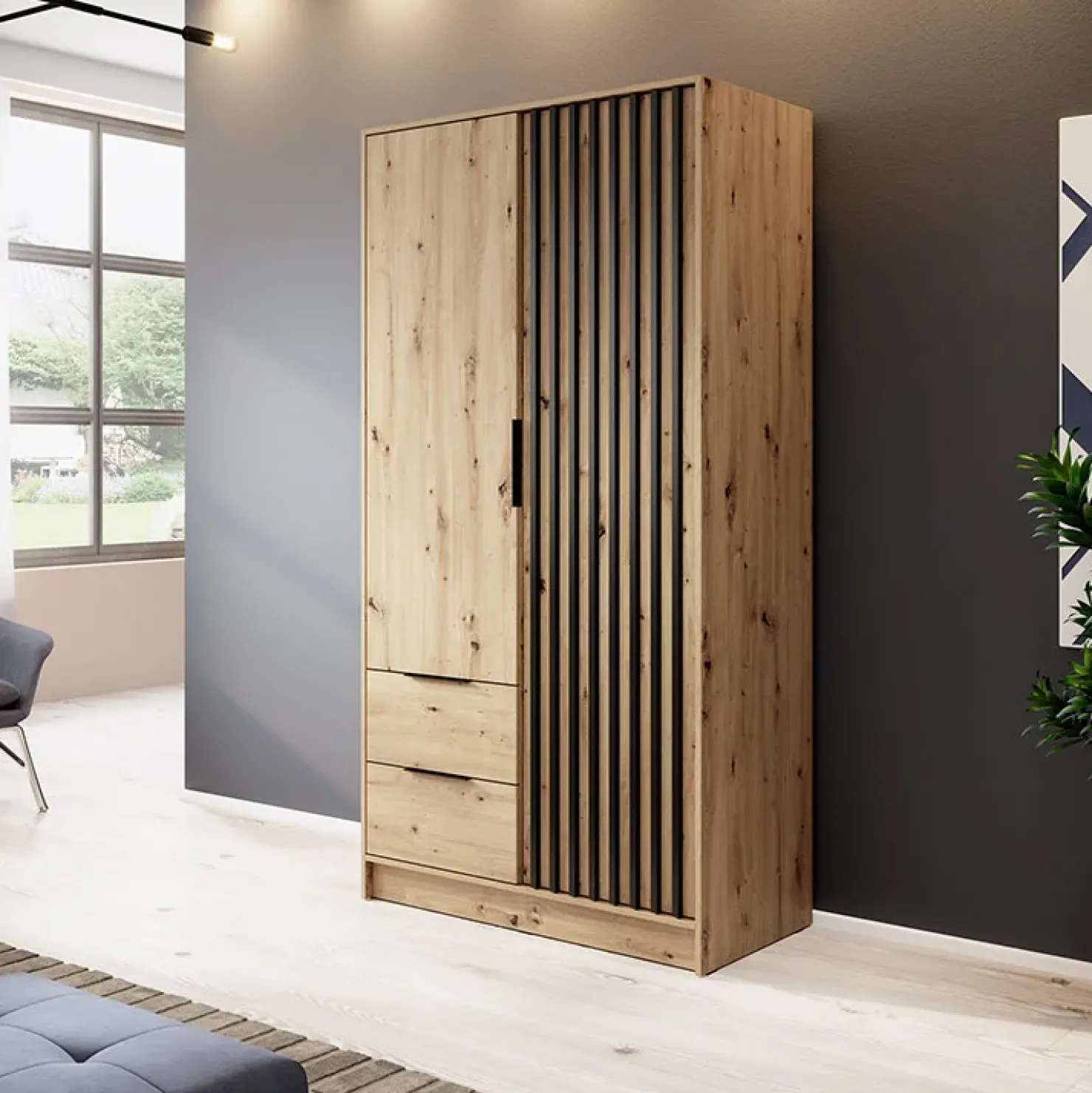 Garnero Arredamenti Armadio 105x200h cm 2 ante con cassetti moderno quercia nero Miller Rovere Rustico New