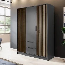 Garnero Arredamenti Armadio 155x200h cm 3 ante con cassetti moderno quercia Miller Antracite Online