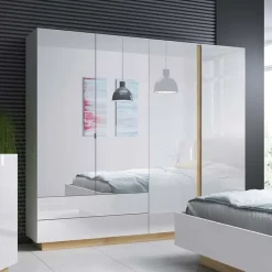 Garnero Arredamenti Armadio 220x203h cm 4 ante con cassetti moderno bianco lucido rovere Noa Best