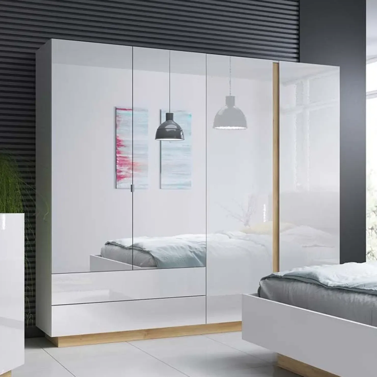 Garnero Arredamenti Armadio 220x203h cm 4 ante con cassetti moderno bianco lucido rovere Noa Best