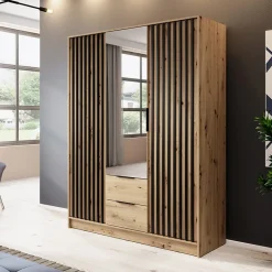Garnero Arredamenti Armadio 155x200h cm 3 ante con specchio moderno quercia nero Miller Rovere Rustico New