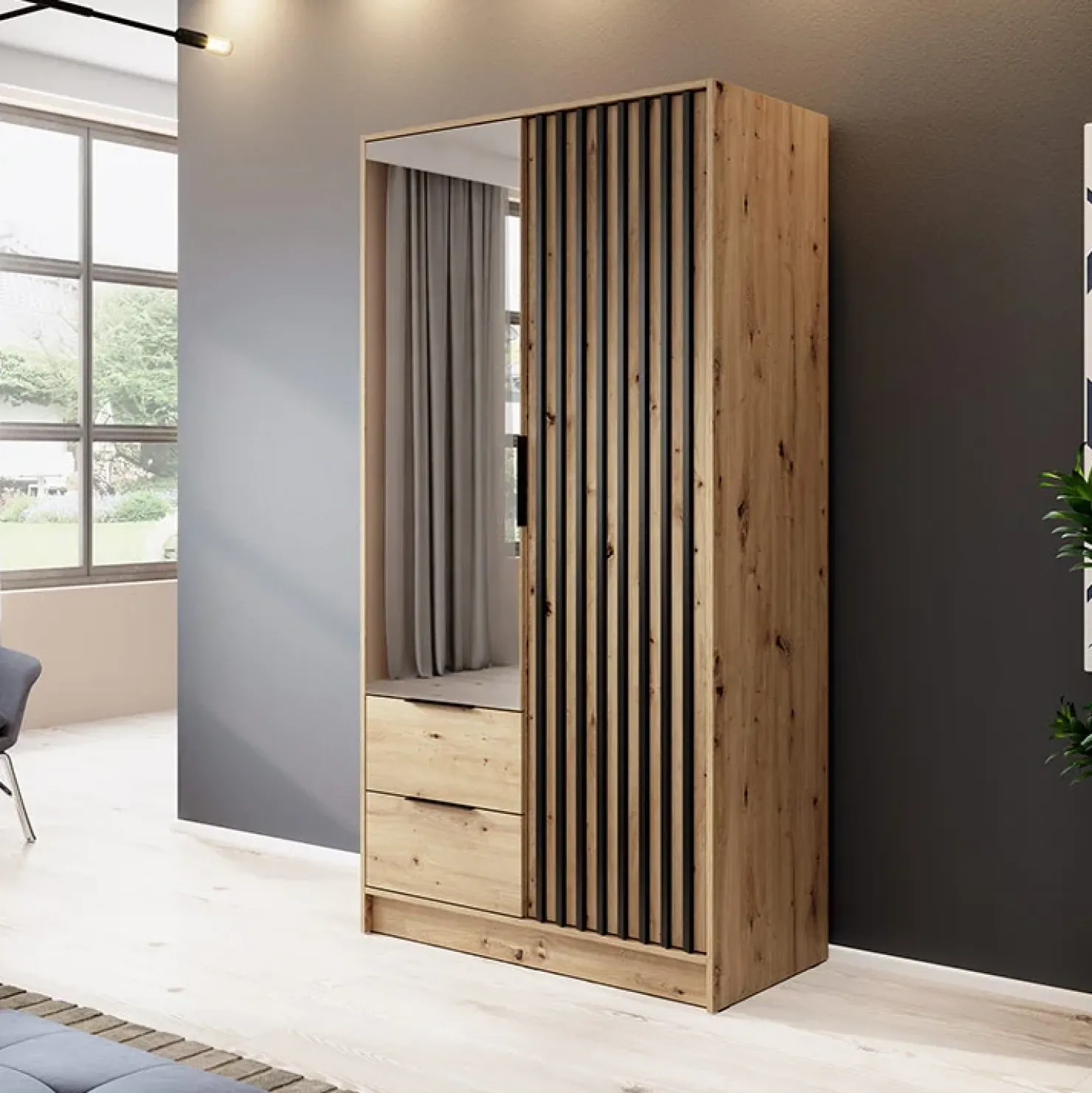 Garnero Arredamenti Armadio 105x200h cm 2 ante con specchio quercia nero Miller Rovere Rustico Sale