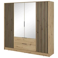 Garnero Arredamenti Armadio 206x200h cm 4 ante con specchio moderno quercia nero Miller Rovere Rustico Outlet