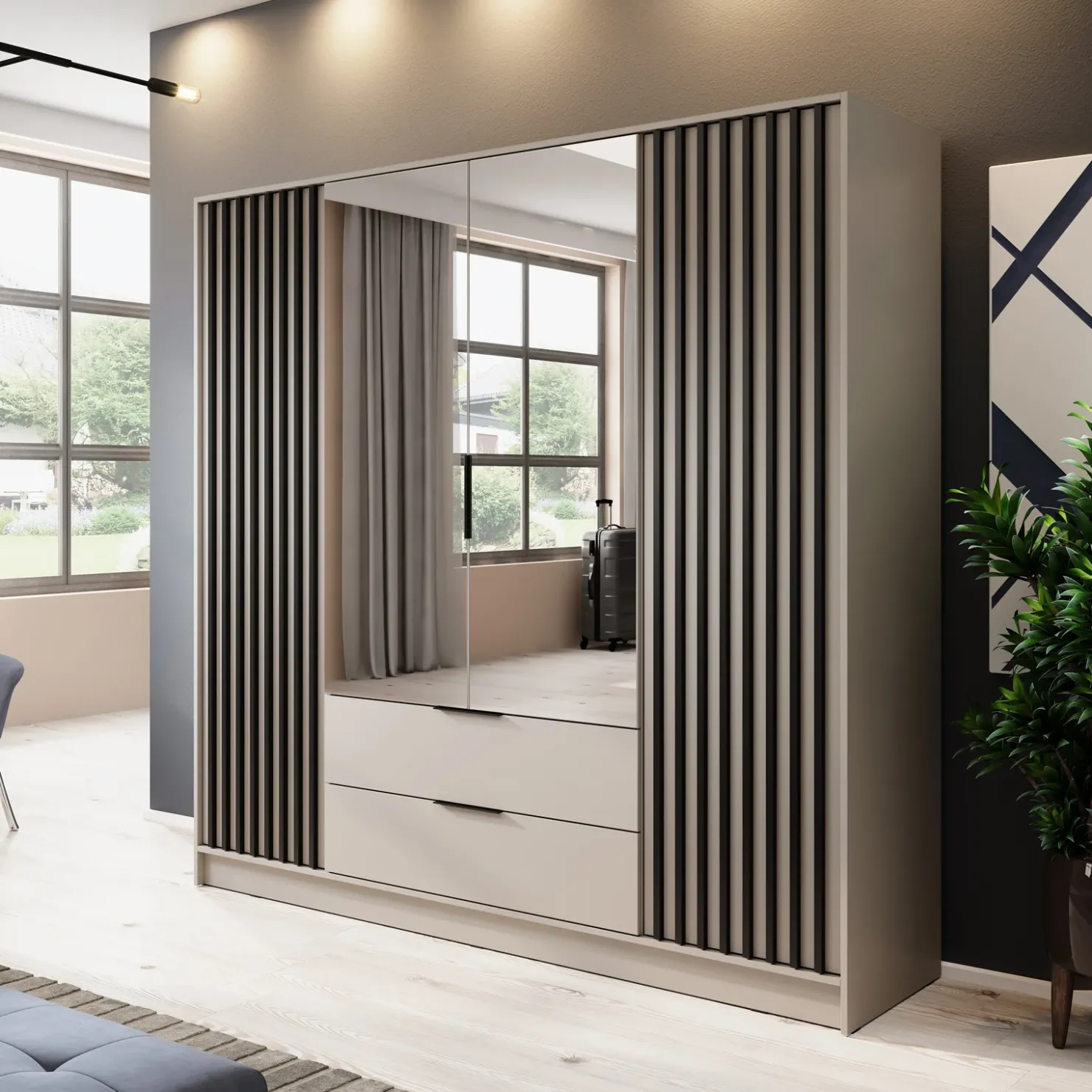 Garnero Arredamenti Armadio 206x200h cm 4 ante con specchio moderno cashmere Miller Beige New