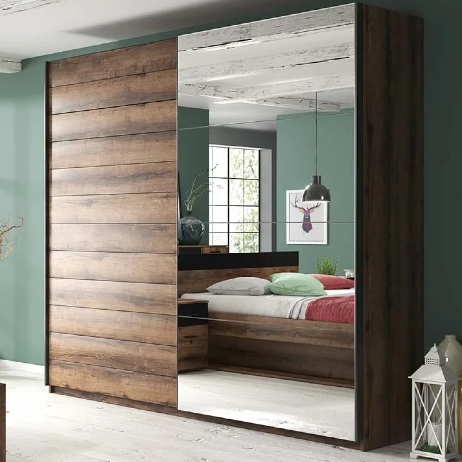 Garnero Arredamenti Armadio 200x210h cm 2 ante con specchio rovere scuro Lisbona Gihome® Discount