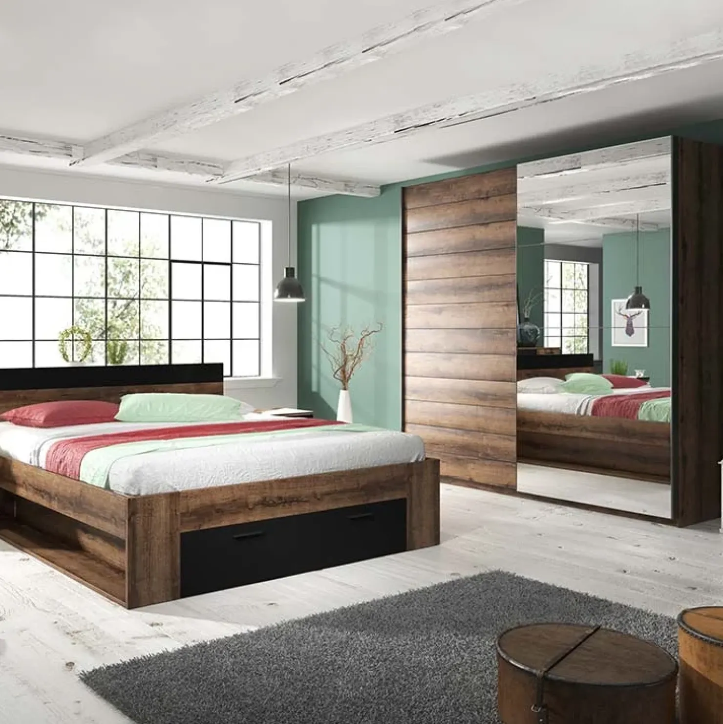 Garnero Arredamenti Armadio 200x210h cm 2 ante con specchio rovere scuro Lisbona Gihome® Discount