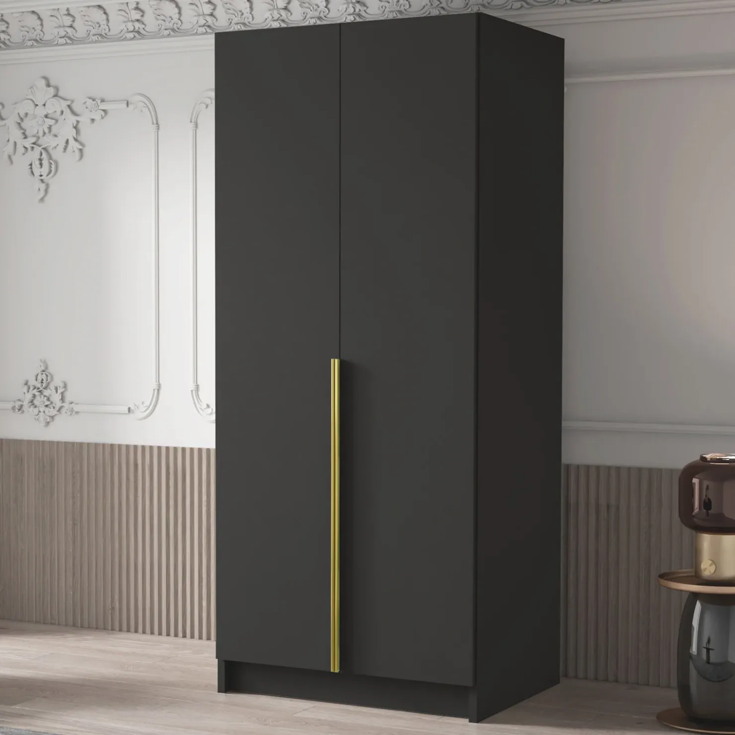 Garnero Arredamenti Armadio 100x215h cm 2 ante moderno nero oro Glammy 2 Nero Opaco - Oro Discount