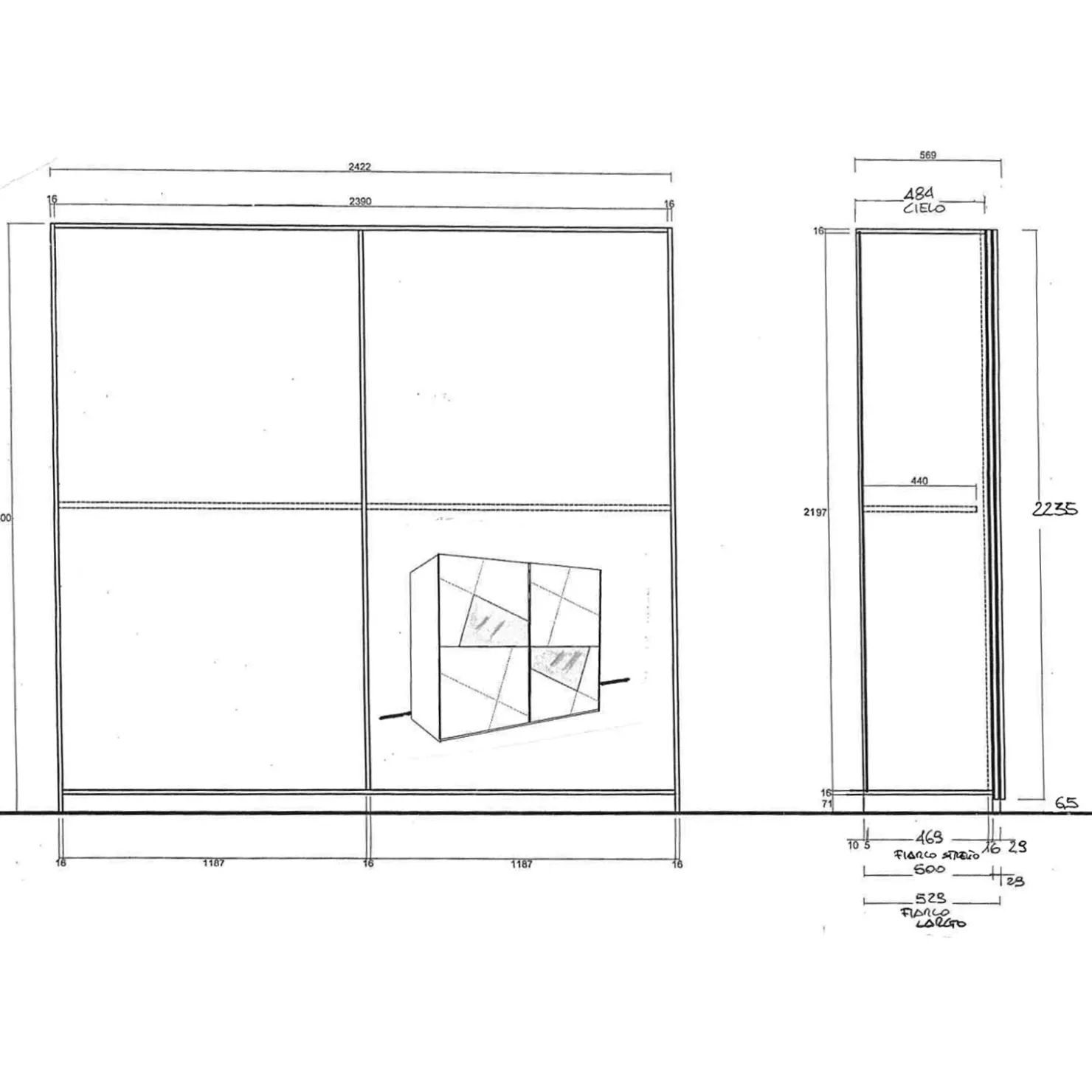 Garnero Arredamenti Armadio 243x230h cm 2 ante scorrevoli bianco frassinato opaco con serigrafia e specchio Olimpo New