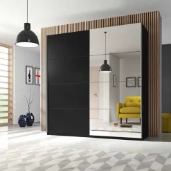 Garnero Arredamenti Armadio 180x210h cm 2 ante scorrevoli con specchio nero Pascal Gihome® Nero Opaco Clearance